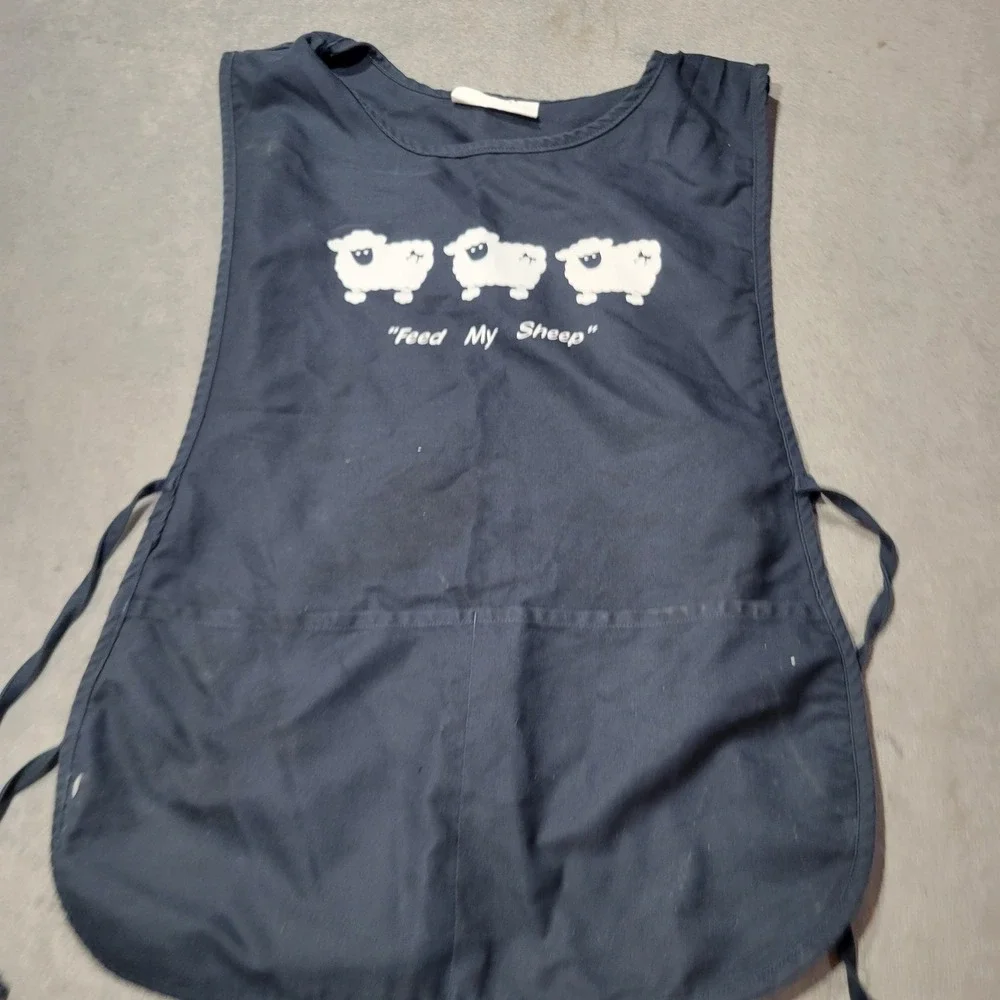 Happy Chef Apron OS Navy Feed My‎ Sheep Graphic Cobbler Tabard Side Tie Pockets